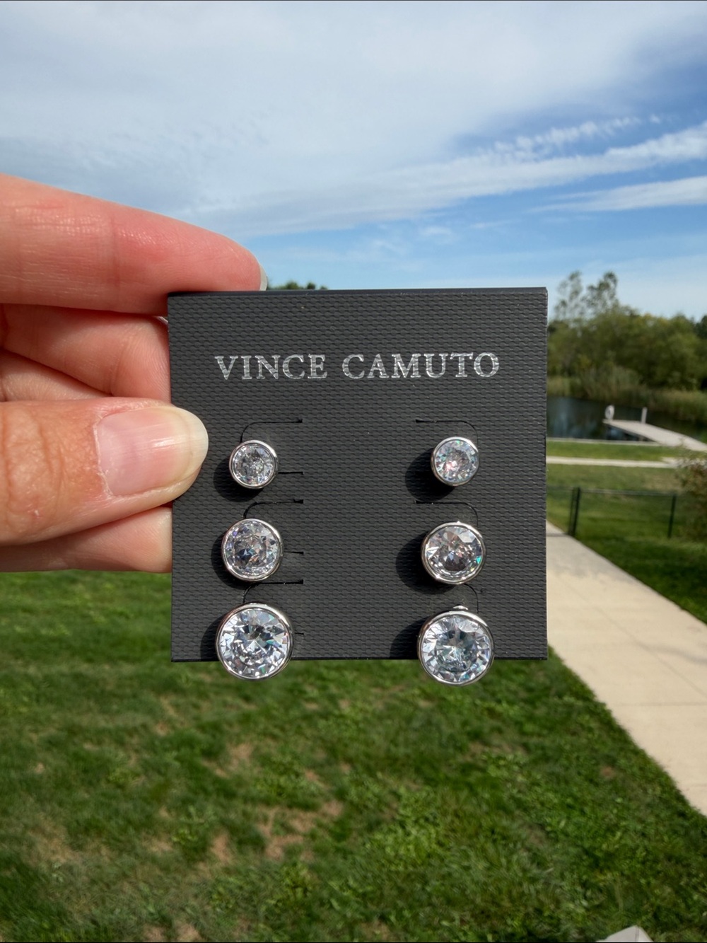 Vince Camuto Sparkling Clear Crystal Trio Studs in Silver Tone